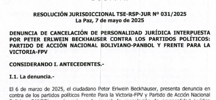 La Sala Constitucional de Bolivia ordena al TSE revisar la cancelación del PAN-BOL