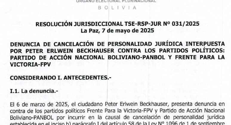 La Sala Constitucional de Bolivia ordena al TSE revisar la cancelación del PAN-BOL