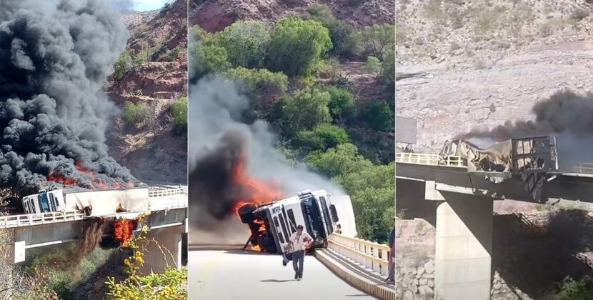 Camión en llamas tras volcar en puente ruta Tarija Potosí alerta máxima vial