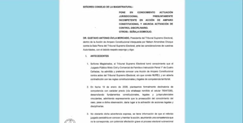 TSE denuncia en La Paz al juez que acepta acción sobre personería de ADN