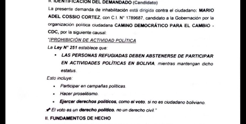 Tribunal de La Paz recibe demanda para inhabilitar a Mario Cossio por supuesto fraude