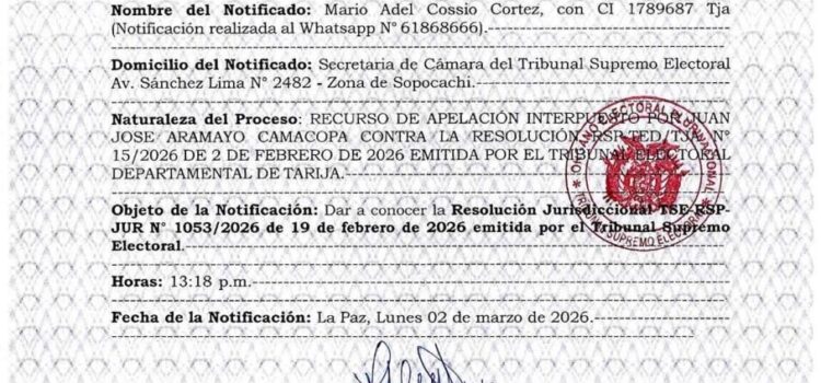 El TSE notifica a Mario Cossio con resolución de inhabilitación por residencia
