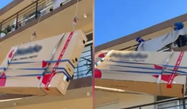 Familia eleva televisor de 100 pulgadas por el balcón y sorprende en redes sociales